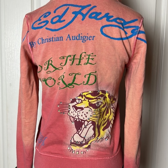 VTG y2K ED HARDY CHRISTIAN AUDIGIER PINK OMBRE CRYSTAL ZIP UP HOODIE - Picture 3 of 8